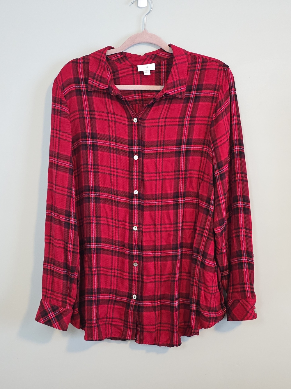 J. Jill Red Black Plaid Lightweight Button Down Shirt Women’s L